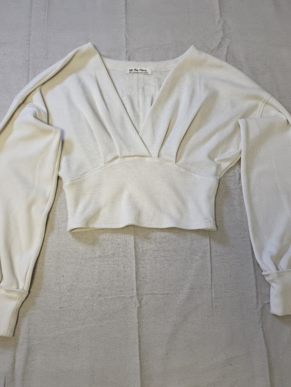 Free People All Nighter Thermal Top V-Neck Balloon Sleeves Waffle Knit Women's S
